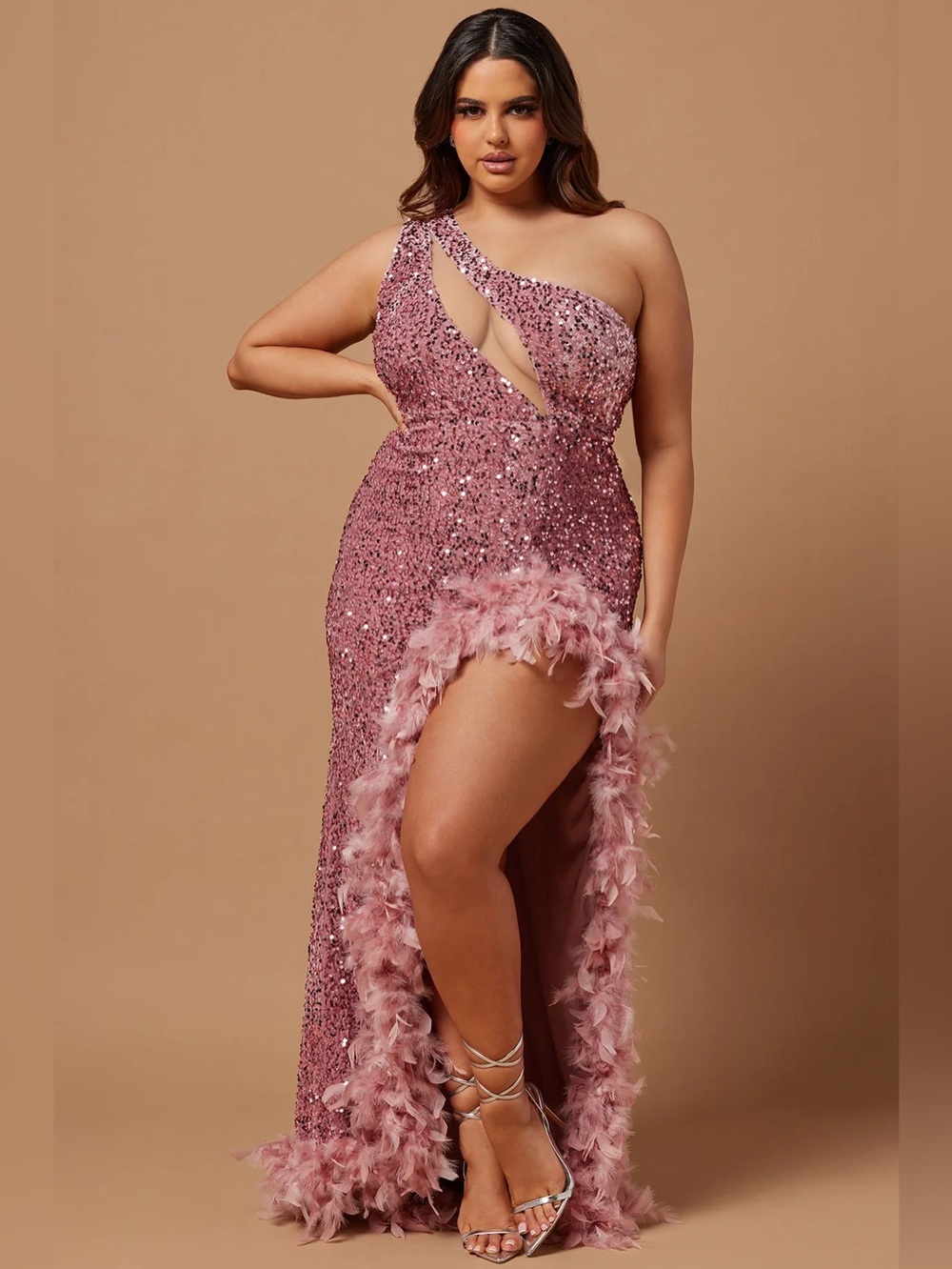Fashion Nova One-Shoulder Sequin Feather Trim Gown in Dusty Rose